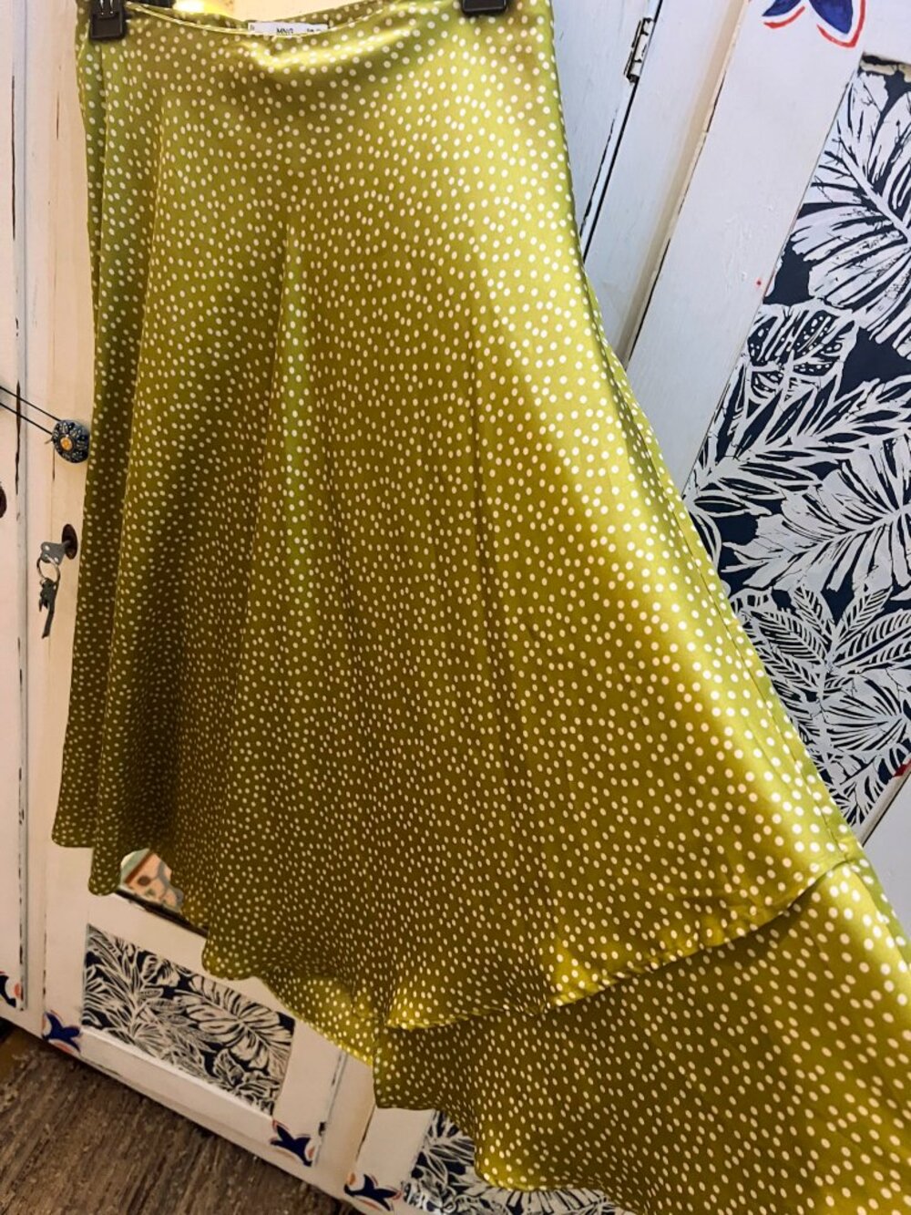MNG Suit green olive white dot maxi skirt
